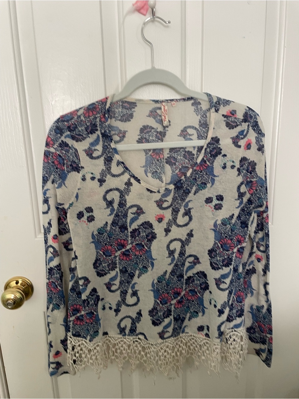 Red Camel Cream Knit Top with Blue & Pink Floral Print